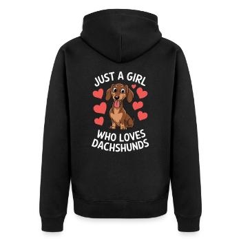 Just a Girl Who Loves Dachshunds - Unisex Premium Bio Zip Hoodie - Schwarz - Hinten - Nico (187cm)