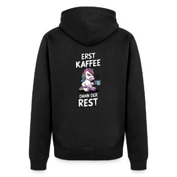 Kaffee EInhorn - Unisex Premium Bio Zip Hoodie - Schwarz - Hinten - Nico (187cm)