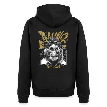 Gorilla-Shirt – Ekstase in Techno-Welten - Unisex Premium Bio Zip Hoodie - Schwarz - Hinten - Nico (187cm)