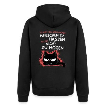 Schwarze Katze hasst Menschen – Zynisch & Lustig - Unisex Premium Bio Zip Hoodie - Schwarz - Hinten - Nico (187cm)