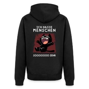 Lachende schwarze Katze – Wenn’s richtig wehtut - Unisex Premium Bio Zip Hoodie - Schwarz - Hinten - Nico (187cm)