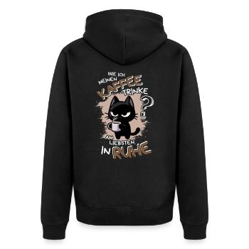 Kaffee und Ruhe – schwarze Katze am Limit - Unisex Premium Bio Zip Hoodie - Schwarz - Hinten - Nico (187cm)