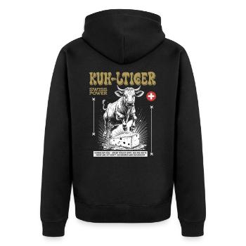 Feinschmecker Shirt: Alpen-Genuss & Tradition - Unisex Premium Bio Zip Hoodie - Schwarz - Hinten - Nico (187cm)