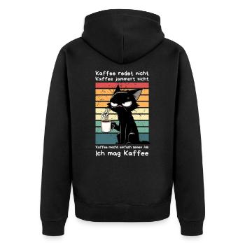 Genervte schwarze Katze mit Kaffee und Blick - Unisex Premium Bio Zip Hoodie - Schwarz - Hinten - Nico (187cm)