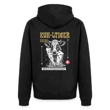 Slow‐Food Shirt: Käse Charme & Swiss Power - Unisex Premium Bio Zip Hoodie - Schwarz - Hinten - Nico (187cm)