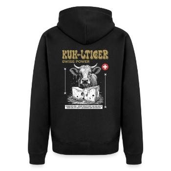 KUH-LTIGER Swiss Power: Urbanes Käse Shirt - Unisex Premium Bio Zip Hoodie - Schwarz - Hinten - Nico (187cm)