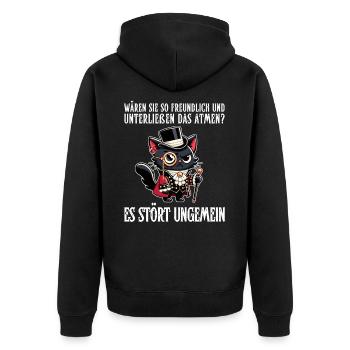 Ihr Atmen stört – Zynische Katze im Adel-Look - Unisex Premium Bio Zip Hoodie - Schwarz - Hinten - Nico (187cm)