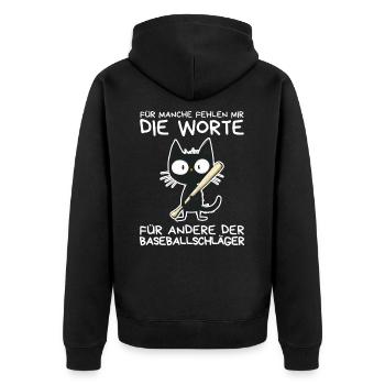 Schwarze Katze mit frechem Spruch & Schläger - Unisex Premium Bio Zip Hoodie - Schwarz - Hinten - Nico (187cm)