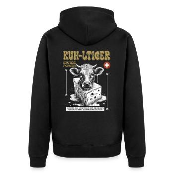 Schweizer Käse Shirt: Kuh, Genuss & Heimatgefühl - Unisex Premium Bio Zip Hoodie - Schwarz - Hinten - Nico (187cm)
