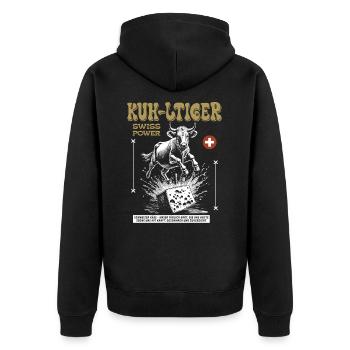 Swiss Cheese Shirt: Kuh, Kraft & Käse-Explosion - Unisex Premium Bio Zip Hoodie - Schwarz - Hinten - Nico (187cm)