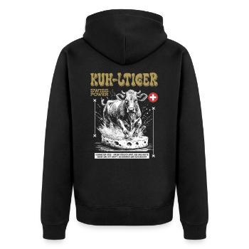 Street Food de Suisse – Votre Chemise Vache à Fromage - Veste à capuche bio Premium Unisexe - noir - Dos - Nico (187cm)