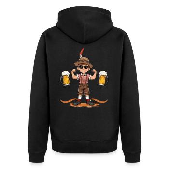 Junge in Lederhose Bier JGA Mallorca Bayern Saufen - Unisex Premium Bio Zip Hoodie - Schwarz - Hinten - Nico (187cm)