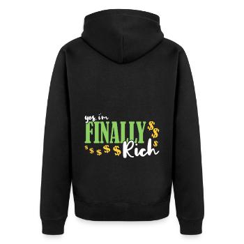 Ja, ich bin endlich reich - Unisex Premium Bio Zip Hoodie - Schwarz - Hinten - Nico (187cm)
