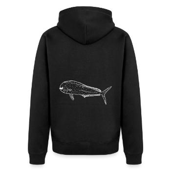 Gemeine Goldmakrele weiß - Unisex Premium Bio Zip Hoodie - Schwarz - Hinten - Nico (187cm)