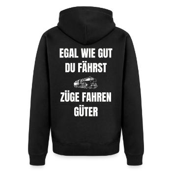 Lustiger Zug Spruch - Unisex Premium Bio Zip Hoodie - Schwarz - Hinten - Nico (187cm)