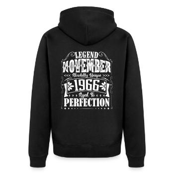November 1966. November 1966 Geburtstagsgeschenk - Unisex Premium Bio Zip Hoodie - Schwarz - Hinten - Nico (187cm)