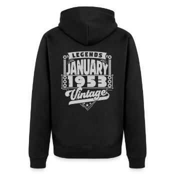 Jahrgangsjubiläum Januar 1953, Januar 1953. - Unisex Premium Bio Zip Hoodie - Schwarz - Hinten - Nico (187cm)