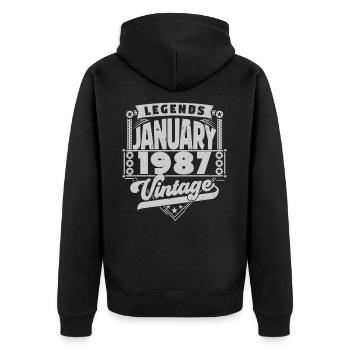 Jahrgangsjubiläum Januar 1987, Januar 1987. - Unisex Premium Bio Zip Hoodie - Schwarz - Hinten - Nico (187cm)