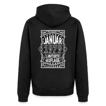 Geburtstag Januar 1979, Geschenk Januar 1979. - Unisex Premium Bio Zip Hoodie - Schwarz - Hinten - Nico (187cm)