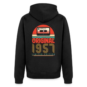 Jahrgang 1957 Jubiläumsgeschenk. Retro 1957. - Unisex Premium Bio Zip Hoodie - Schwarz - Hinten - Nico (187cm)