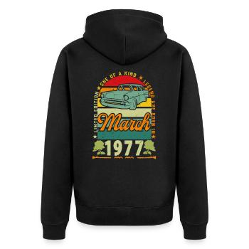 anniversaire mars 1977, Mars 1977, March 1977. - Veste à capuche bio Premium Unisexe - noir - Dos - Nico (187cm)