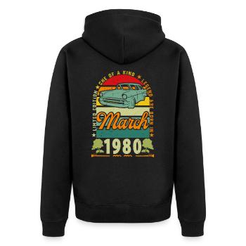 März 1980, März 1980, März 1980. - Unisex Premium Bio Zip Hoodie - Schwarz - Hinten - Nico (187cm)