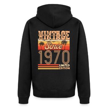 Jubiläum 1970. Jahrgang Jahrgang 1970 Jubiläum - Unisex Premium Bio Zip Hoodie - Schwarz - Hinten - Nico (187cm)