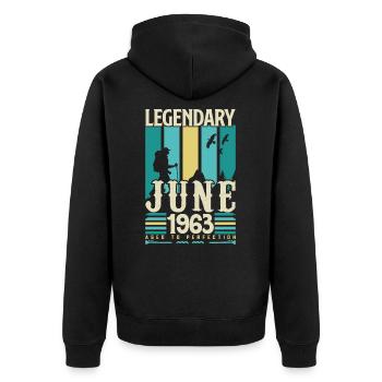 Juni 1963 Geburtstagsgeschenk, Jahrgang Juni 1963. - Unisex Premium Bio Zip Hoodie - Schwarz - Hinten - Nico (187cm)