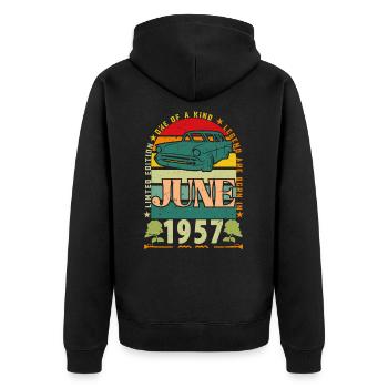 Juni 1957 Geburtstagsgeschenk. Juni 1957 Juni 1957 - Unisex Premium Bio Zip Hoodie - Schwarz - Hinten - Nico (187cm)