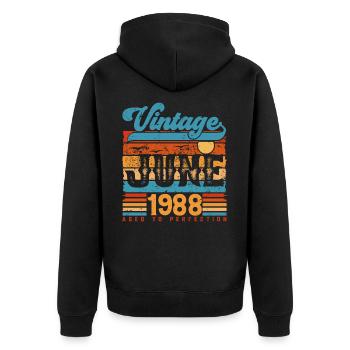 Juni 1988, Vintage Jubiläumsgeschenk Juni 1988. - Unisex Premium Bio Zip Hoodie - Schwarz - Hinten - Nico (187cm)