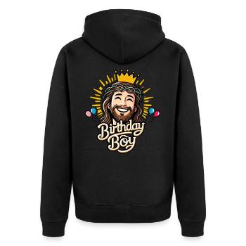 Jesus, das Geburtstagskind - Unisex Premium Bio Zip Hoodie - Schwarz - Hinten - Nico (187cm)