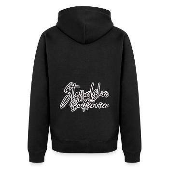 Staffordshire Bullterrier Schriftzug Lettering - Unisex Premium Bio Zip Hoodie - Schwarz - Hinten - Nico (187cm)