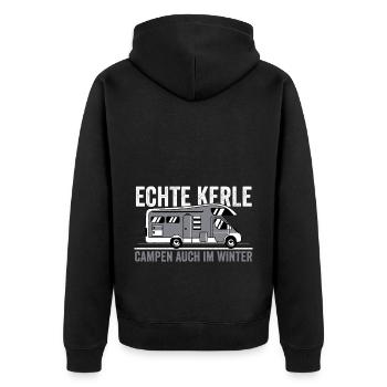 Echte Kerle Campen auch im Winter - Unisex Premium Bio Zip Hoodie - Schwarz - Hinten - Nico (187cm)