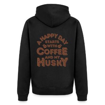Husky Kaffee Hund Cafe - Unisex Premium Bio Zip Hoodie - Schwarz - Hinten - Nico (187cm)