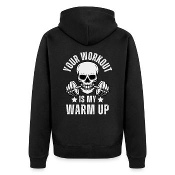 Kraftsport Fitness Gewichte heben Totenkopf - Unisex Premium Bio Zip Hoodie - Schwarz - Hinten - Nico (187cm)