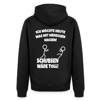 Menschen Schubsen Ironie - Unisex Premium Bio Zip Hoodie - Schwarz - Hinten - Nico (187cm)