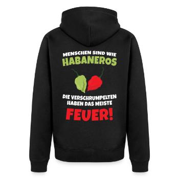 Habanero Chili Scharf Feuer Spruch Hot Carolina - Unisex Premium Bio Zip Hoodie - Schwarz - Hinten - Nico (187cm)