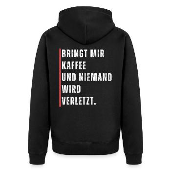 Bringt mir Kaffee und niemand wird verletzt Spruch - Unisex Premium Bio Zip Hoodie - Schwarz - Hinten - Nico (187cm)
