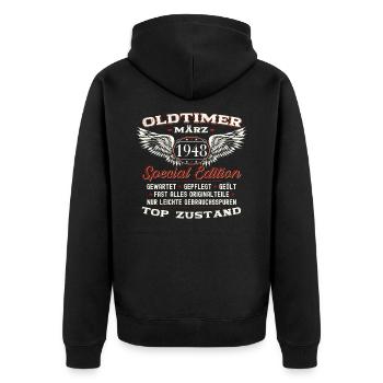 Oldtimer März Jahrgang 1948 75. Geburtstag Mann - Unisex Premium Bio Zip Hoodie - Schwarz - Hinten - Nico (187cm)