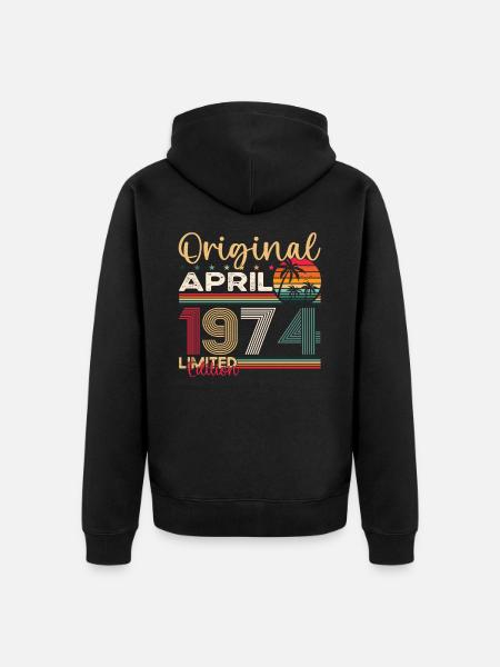 49. urodziny mężczyzny April Born 1974 Original - Ekologiczna rozpinana bluza z kapturem Premium unisex - czarny