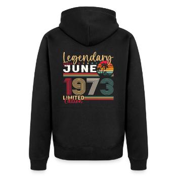 50e anniversaire Juin Millésime 1973 Légendaire - Veste à capuche bio Premium Unisexe - noir - Dos - Nico (187cm)