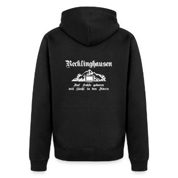 Recklinghausen Auf Kohle geboren mit Stahl - Unisex Premium Bio Zip Hoodie - Schwarz - Hinten - Nico (187cm)