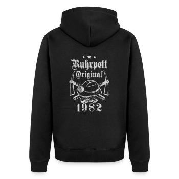 1982 Geburtstag Ruhrpott Original Hacke Helm - Unisex Premium Bio Zip Hoodie - Schwarz - Hinten - Nico (187cm)