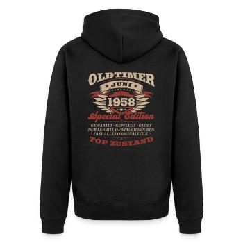 Oldtimer Juni 1958 Jahrgang 1958 Geburtstag Juni - Unisex Premium Bio Zip Hoodie - Schwarz - Hinten - Nico (187cm)