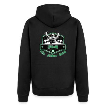 Fürth ein Leben Lang No II - Unisex Premium Bio Zip Hoodie - Schwarz - Hinten - Nico (187cm)