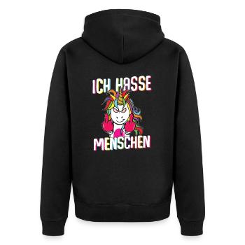 Unicorn Ich hasse Menschen I - Unisex Premium Bio Zip Hoodie - Schwarz - Hinten - Nico (187cm)