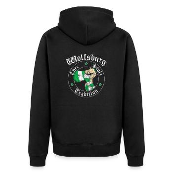 Wolfsburg Ehre Stolz Tradition No II - Unisex Premium Bio Zip Hoodie - Schwarz - Hinten - Nico (187cm)