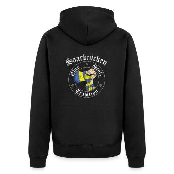 Saarbrücken Ehre Stolz Tradition No II - Unisex Premium Bio Zip Hoodie - Schwarz - Hinten - Nico (187cm)