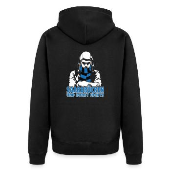 Saarbrücken und sonst nichts - Unisex Premium Bio Zip Hoodie - Schwarz - Hinten - Nico (187cm)