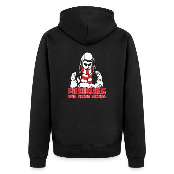Freiburg und sonst nichts - Unisex Premium Bio Zip Hoodie - Schwarz - Hinten - Nico (187cm)